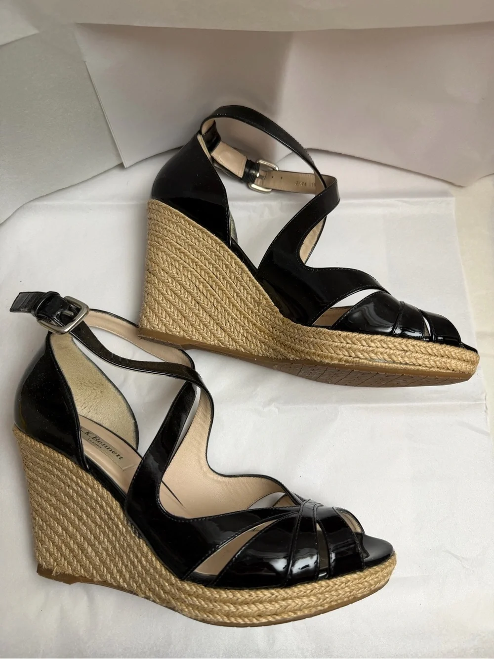 LK Bennett Black Patent Leather Crisscross Wedge Sandals